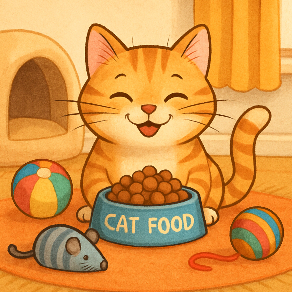 Happy cat with food